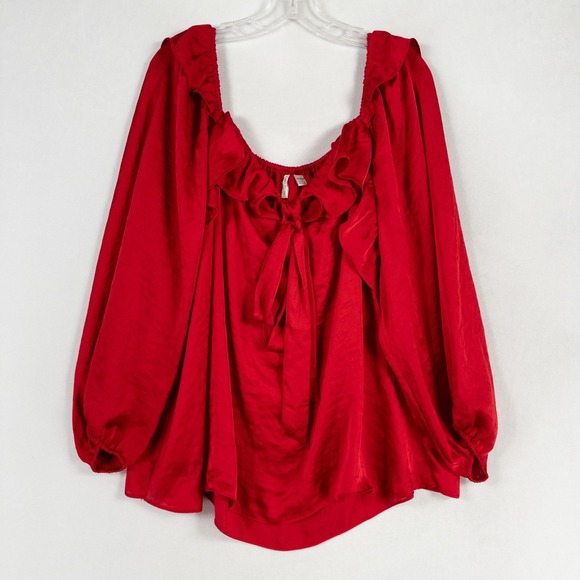 Cato Blouse Top Plus 26/28W Red Satin Peasant Long Sleeve Ruffle Boho Romantic - Picture 1 of 8